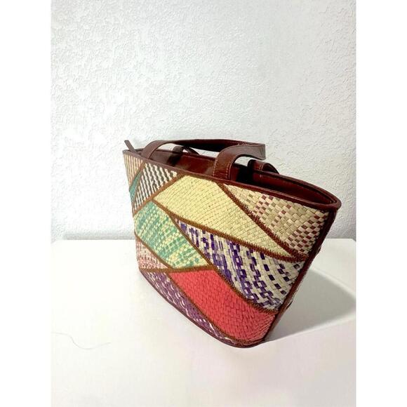 Vintage Le Sac Tote Bag Multicolor Patchwork Woven Straw Shoulder Purse Handbag - Picture 2 of 15